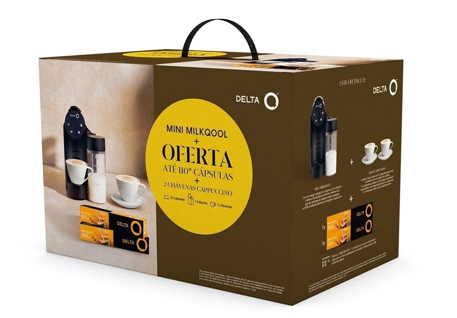 DELTA-Q - MÁQUINA CAFÉ CÁPSULAS + 20 CÁPSULAS + 2 CHÁVENAS CAPUCCINO KIT MINI MILKQOOL PRETA