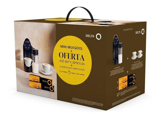 DELTA-Q - MÁQUINA CAFÉ CÁPSULAS + 20 CÁPSULAS + 2 CHÁVENAS CAPUCCINO KIT MINI MILKQOOL PRETA