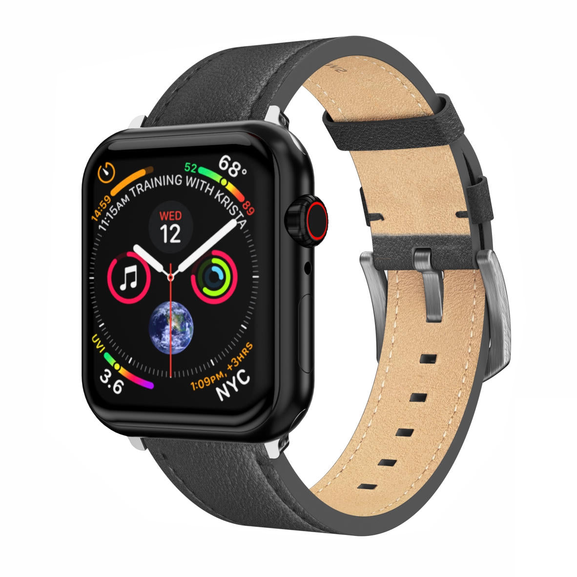 SWISSTEN - LEATHER BAND FOR APPLE WATCH 42-49MM (BLACK/SV)