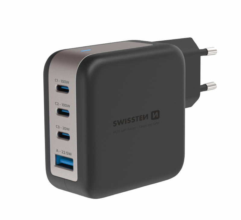 SWISSTEN - TRAVEL CHARGER GAN 100W (3XUSB-C, 1XUSB, BLACK)