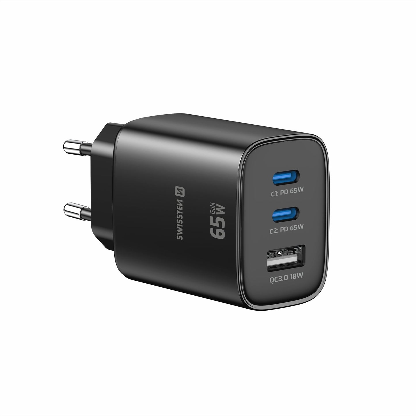 SWISSTEN - GAN EDGE CHARGER 65W (2XUSB-C, 1XUSB, BLACK)