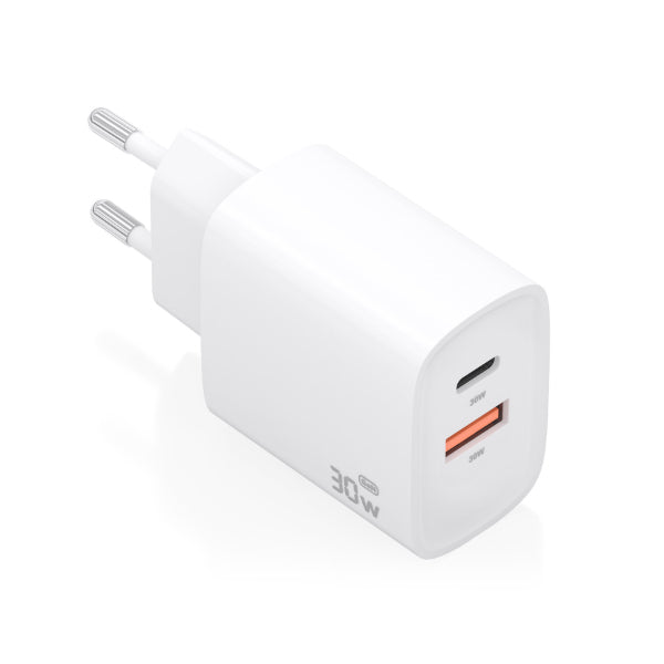 AISENS CARREGADOR GAN 30W 1XUSB-C PD3,0 QC4,0 1XUSB-A QC3,0 BRANCO