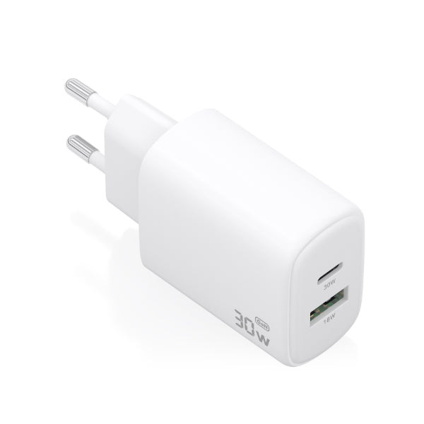 AISENS CARREGADOR GAN 30W 1XUSB-C PD3,0 QC4,0 1XUSB-A QC3,0 BRANCO