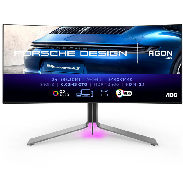 AOC MONITOR OLED 34" 21:9 WQHD 0.03MS 240HZ HDMI DP USB COLUNAS HAS PORSCHE PD34