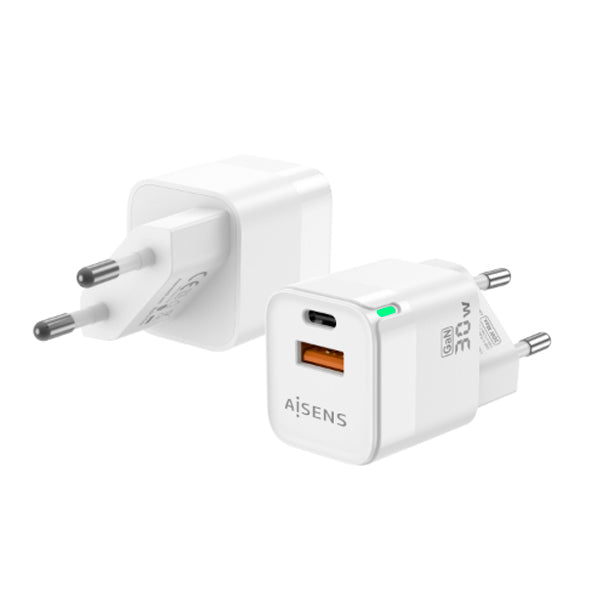 AISENS CARREGADOR GAN 30W 1XUSB-C PD3,0 QC4,0 1XUSB-A QC3,0