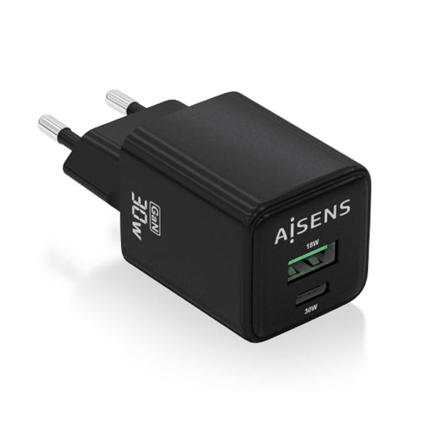 AISENS CARREGADOR GAN 30W 1XUSB-C PD3,0 QC4,0 1XUSB-A QC3,0