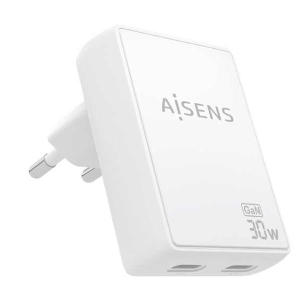 AISENS CARREGADOR DE PAREDE GAN ULTRA FINO 30W 2XUSB-C PD3,0 QC4,0 BRANCO