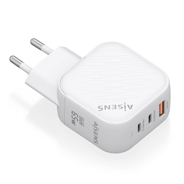 AISENS CARREGADOR GAN 65W 2XUSB-C PD3,0 QC4,0 1XUSB-A QC3,0 BRANCO