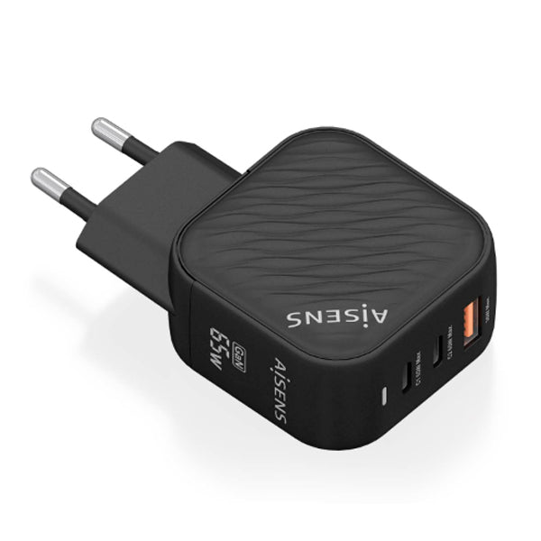 AISENS CARREGADOR GAN 65W 2XUSB-C PD3,0 QC4,0 1XUSB-A QC3,0 PRETO