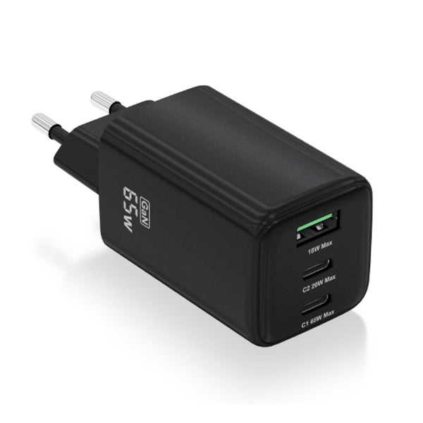 AISENS CARREGADOR GAN 65W 2XUSB-C PD3,0 QC4,0 1XUSB-A QC3,0 PRETO