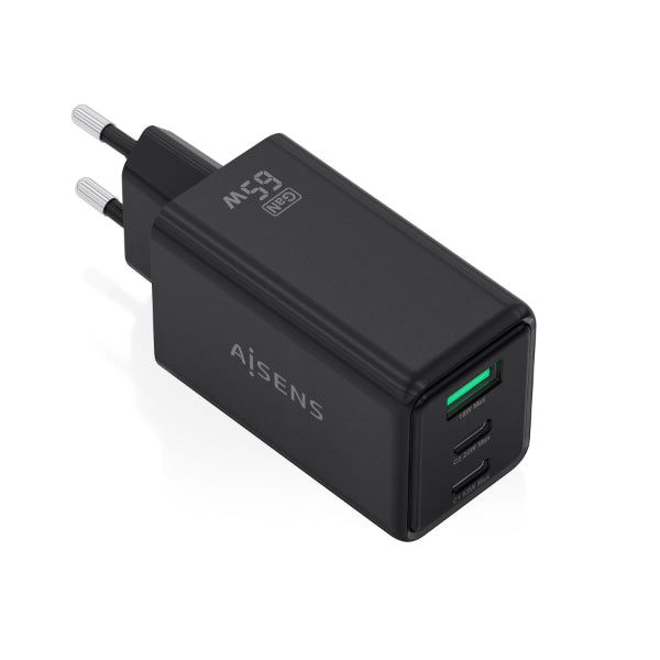 AISENS CARREGADOR GAN 65W 2XUSB-C PD3,0 QC4,0 1XUSB-A QC3,0 PRETO