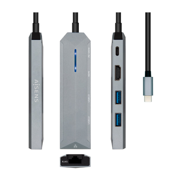 AISENS USB-C DOCK 5 EM 1 USB-C A 1XHDMI 1XRJ45 2XUSB 1XPD 15CM CINZENTO