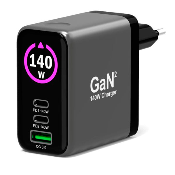 PORT CARREGADOR GAN 2XUSB-C 1XUSB-A 140W OLED DISPLAY INCLUI CABO 2MTS