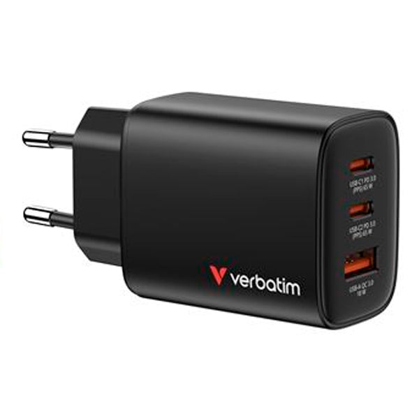 VERBATIM CARREGADOR GAN ESSENTIALS 65W 2XUSB-C 1XUSB-A QC 3.0 BLACK