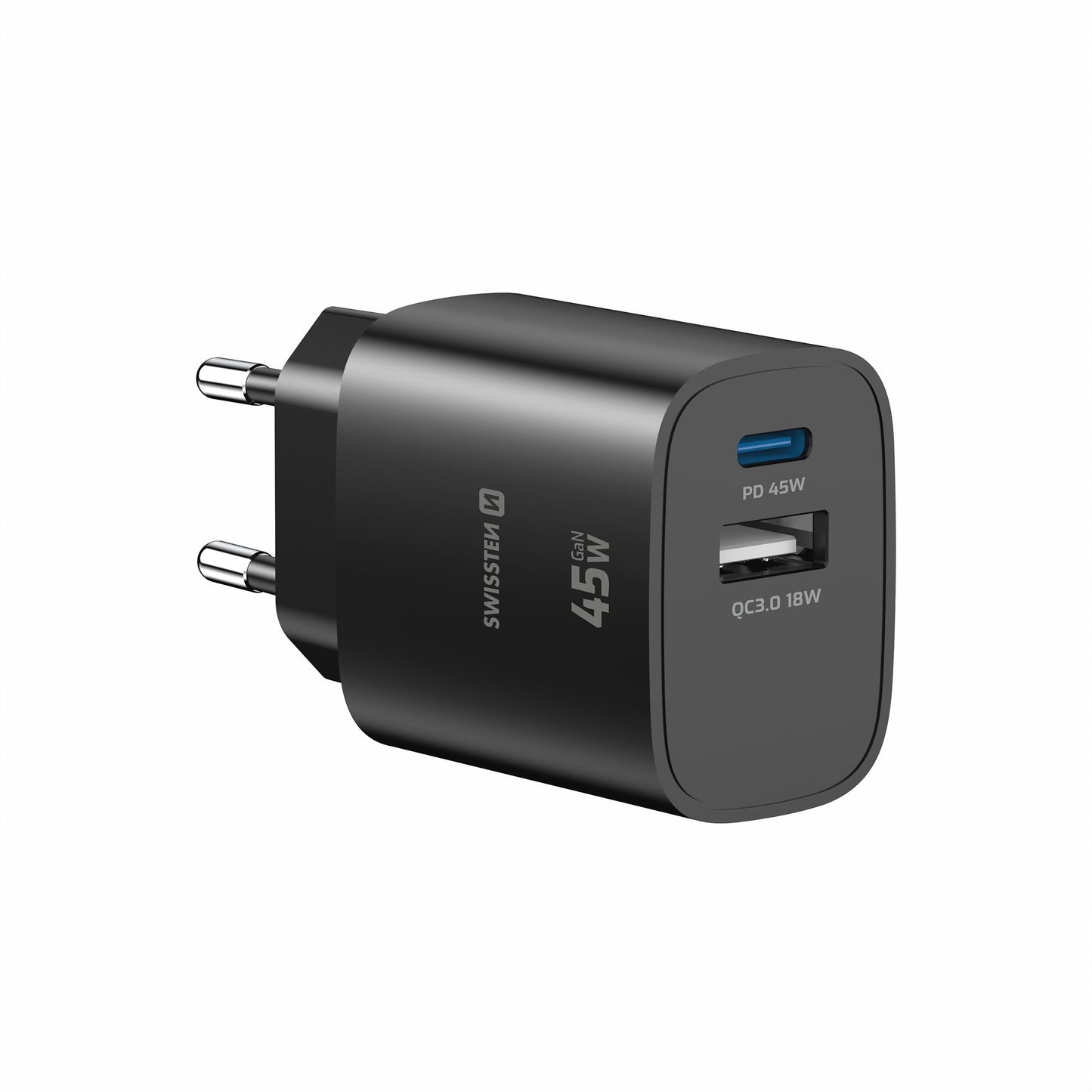 SWISSTEN - GAN EDGE CHARGER 45W (1XUSB-C, 1XUSB, BLACK)