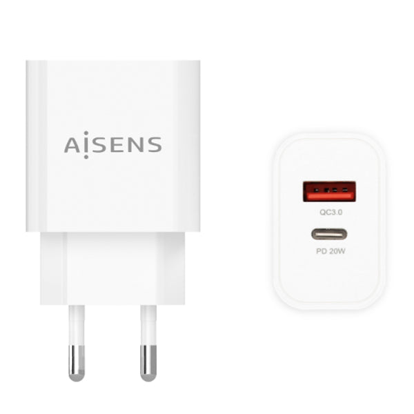 AISENS CARREGADOR 20W 1XUSB-C PD3.0 1XUSB-A QC3.0 BRANCO