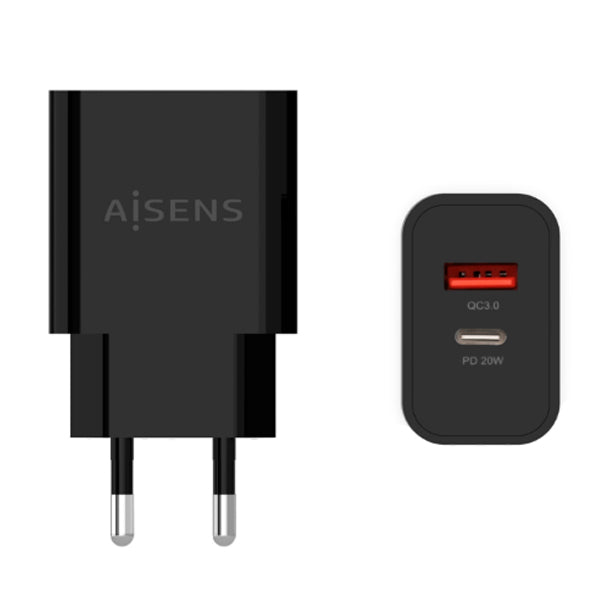 AISENS CARREGADOR 20W 1XUSB-C PD3,0 1XUSB-A QC3,0 PRETO