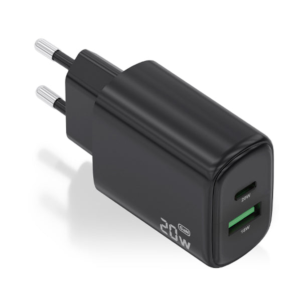 AISENS CARREGADOR GAN 20W 1XUSB-C PD3,0 1XUSB-A QC3,0 PRETO