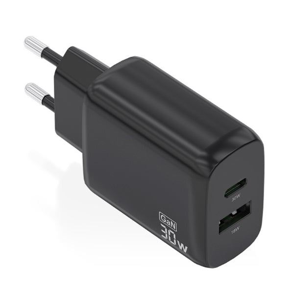 AISENS CARREGADOR GAN 30W 1XUSB-C PD3,0 QC4,0 1XUSB-A QC3,0 PRETO