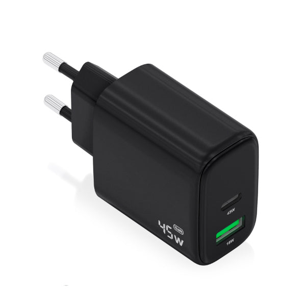 AISENS CARREGADOR GAN 45W 1XUSB-C PD3,0 QC4,0 1XUSB-A QC3,0 PRETO