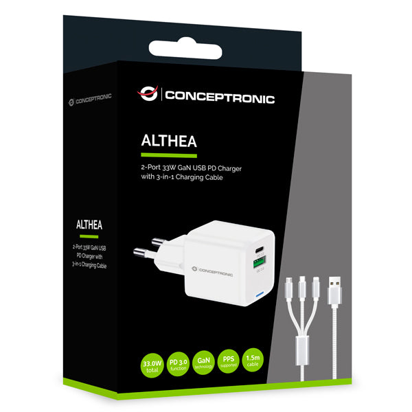 CONCEPTRONIC CARREGADOR GAN 1XUSB-C 1XUSB-A QC 3.0 33W INCLUI CABOS