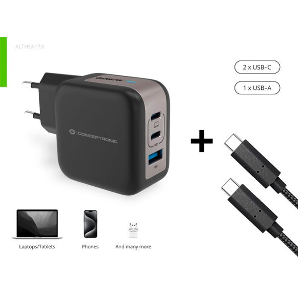 CONCEPTRONIC ALTHEA17B 3PORT 67W GAN USB PD CHARGER WITH USB-C