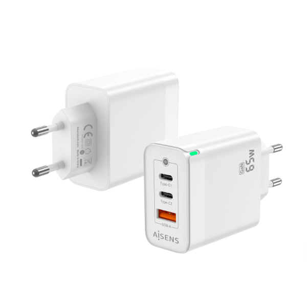 AISENS CARREGADOR GAN 65W 2XUSB-C PD3,0 QC4,0 1XUSB-A QC3,0 BRANCO