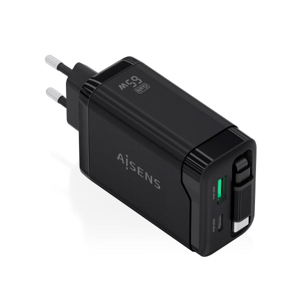 AISENS CARREGADOR GAN 65W 1XUSB-C CABO RETRACTIL 1XUSB-C PD3,0 1XUSB-A QC3,0