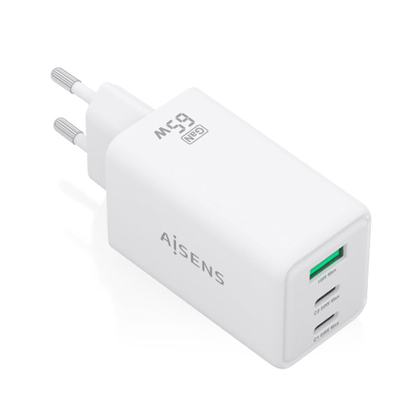 AISENS CARREGADOR GAN 65W 2XUSB-C PD3,0 QC4,0 1XUSB-A QC3,0 PRETO