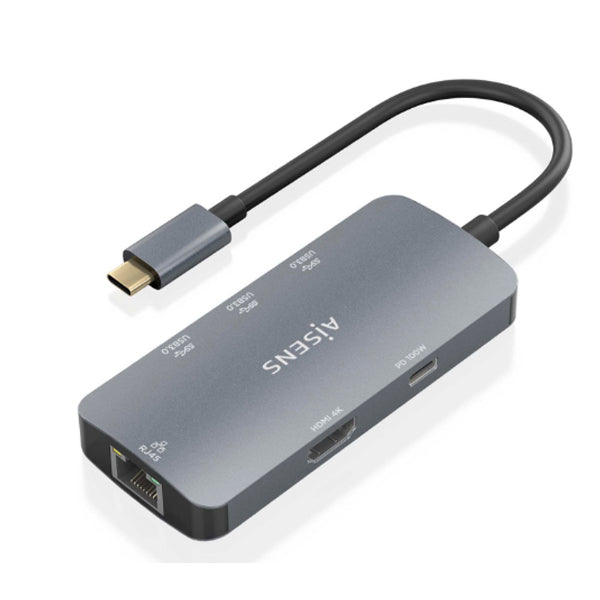 AISENS USB-C DOCK 6 EM 1 USB-C A 1XHDMI 1XRJ45 3XUSB-A 1XUSB-C PD CINZA 15CM