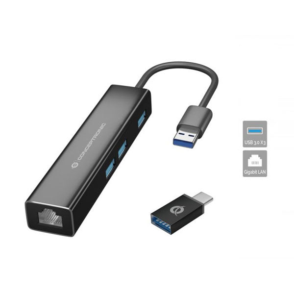 CONCEPTRONIC HUB USB-C 3XUSB3.0 1XRJ45 + ADAPT USB-C PARA USB-A