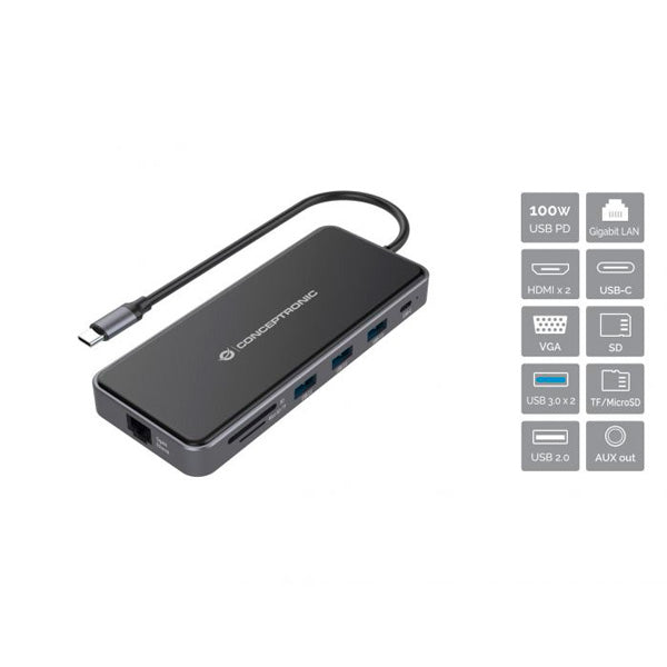 CONCEPTRONIC DOCK USB-C 2XHDMI 1XVGA RJ45 USB3 PD100W