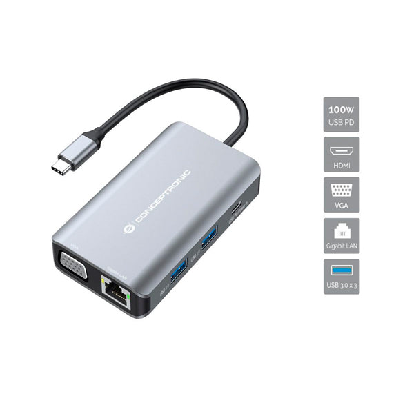 CONCEPTRONIC DOCK USB-C 1XHDMI 1XVGA 3XUSB3 RJ45 PD100W