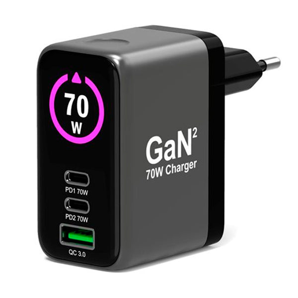 PORT CARREGADOR GAN 2XUSB-C 1XUSB-A 70W OLED DISPLAY INCLUI CABO 2MTS