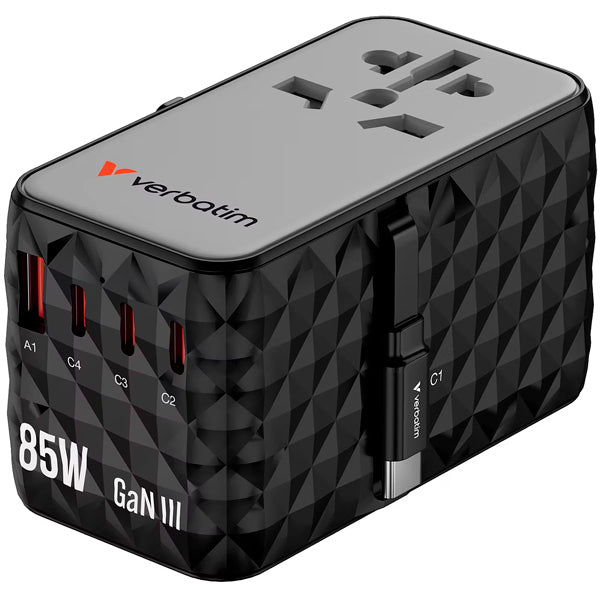 VERBATIM CARREGADOR ADAPT VIAGEM GAN 4XUSB-C 1XUSB-A CABO RETRACT PD85W