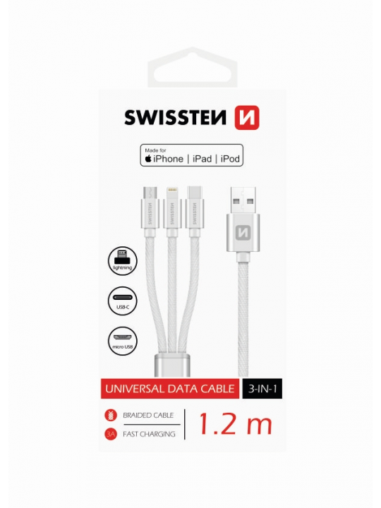 SWISSTEN - TEXTILE 3-IN-1 CABLE (1.2M-SILVER)