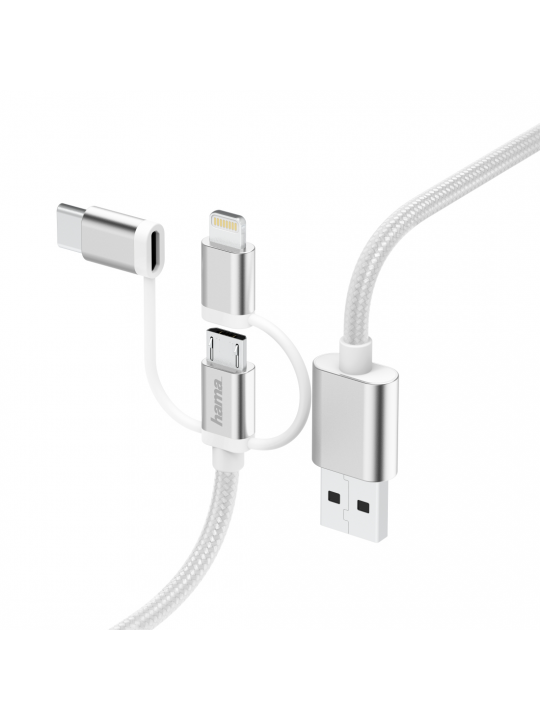 CABO HAMA 3-IN-1 MICRO-USB CABLE, ADAPTER FOR USB TYPE-C & LIGHTNING, 0.2M, WHITE