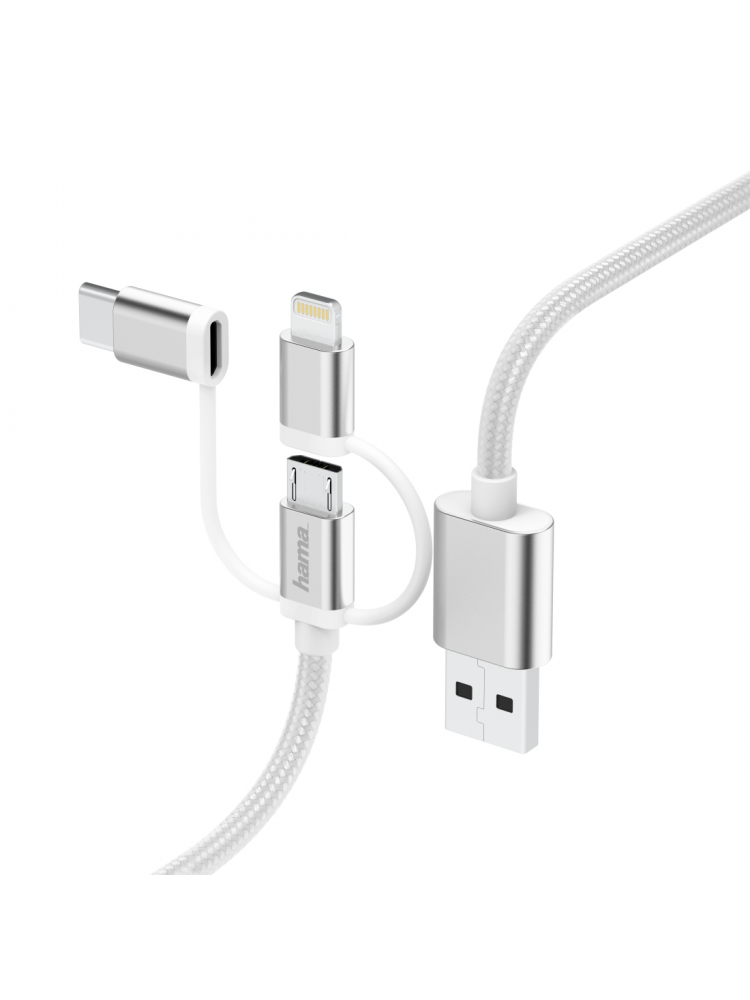CABO HAMA 3-IN-1 MICRO-USB CABLE, ADAPTER FOR USB TYPE-C & LIGHTNING, 0.2M, WHITE