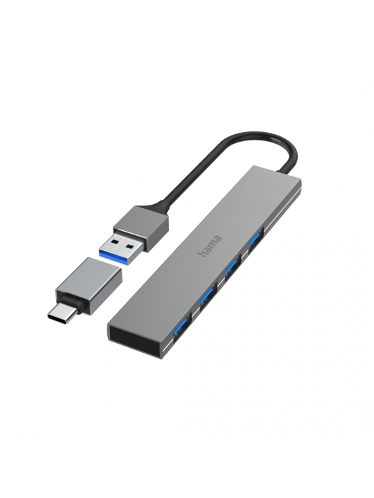 HUB HAMA USB 4 PORTS, USB 3.2 GEN 1, 5 GBIT-S, ULTRA-SLIM, INCL. USB-C ADAPTER