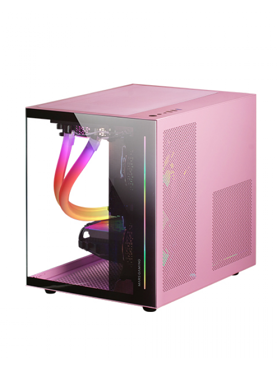 CAIXA MARS GAMING MC-VIEW MICRO-ATX FRAMELESS 90º TEMPERED GLASS, FULL WATER COOLING SUPPORT, PINK