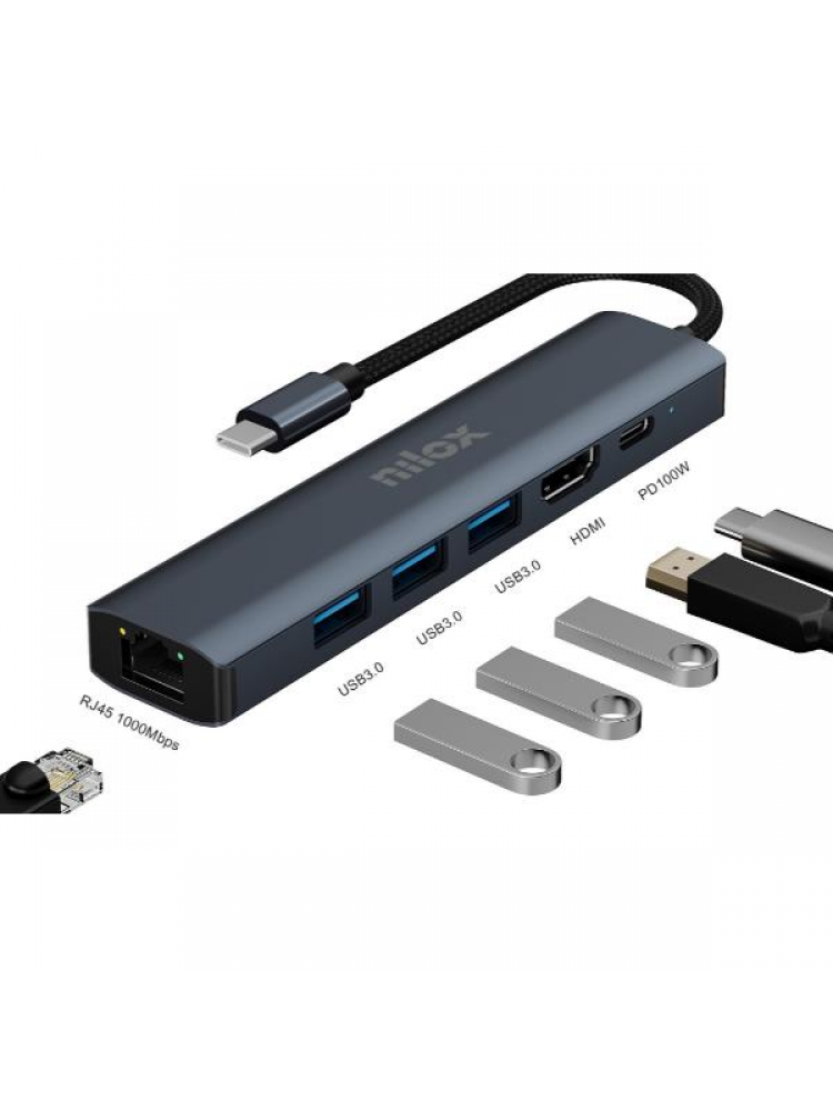 DOCKING STATION USB-C DE 6 PUERTOS: HDMI, 3 X USB 3.0, USB-C Y RJ45
