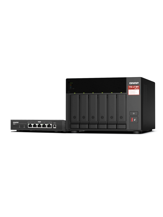 NAS+SWITCH QNAP TS-673A + QSW-1105-5T 6-BAY AMD V1500B 4C-8T 2.2 GHZ-8GB-2 X 2.5GBE-USB-TOWER