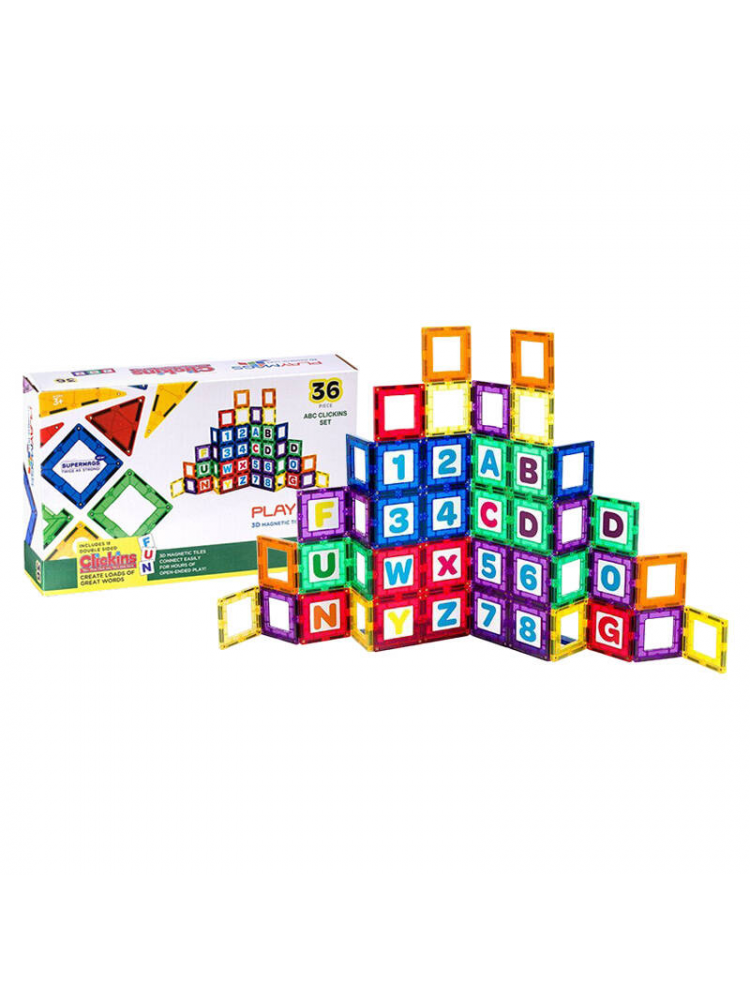 JOGO MAGNETIC TILES 3D LETTERS AND NUMBERS PLAYMAGS 168 - 36 PCS SET