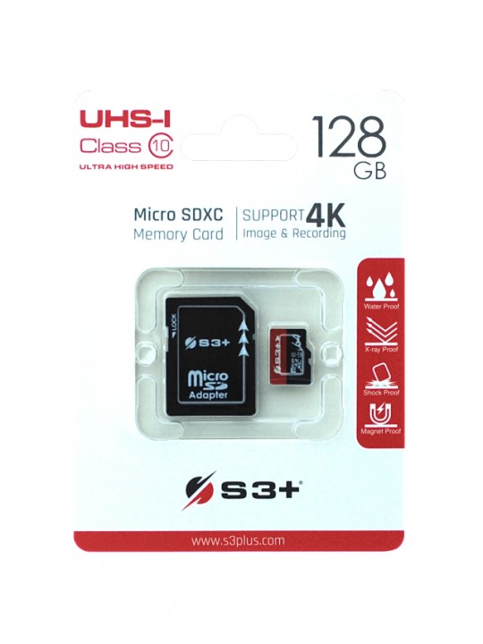 Cartão de Memória Micro SDXC S3PLUS 128GB UHS-I U1 Class 10 com adaptador