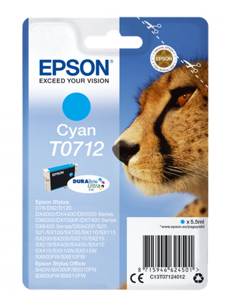 TINTEIRO EPSON T0712 CIANO - B40/110, BX3XX/600, D120, DX74XX/84XX/9400, SX2XX/4XX5/5XX/6XX