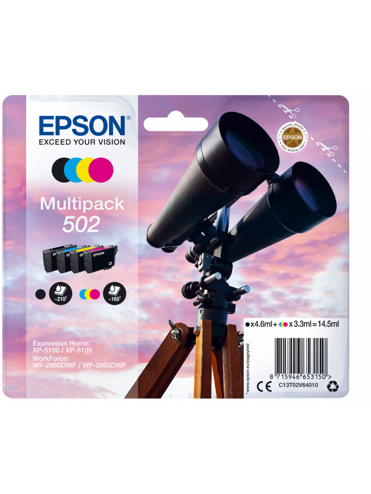 TINTEIRO EPSON 502 MULTIPACK 4 CORES + ALARME RF - XP-5100/5, WF-2860/5